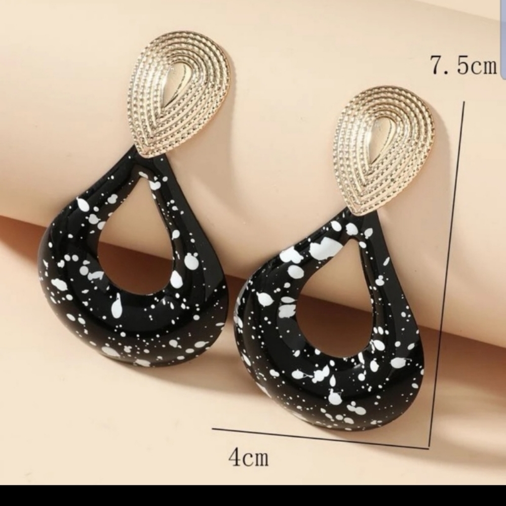 Gold, Black and White Splattered Hoop Earrings